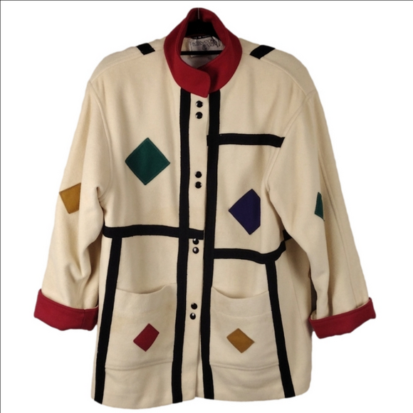 International Scene Cream Multicolored Wool Blend Stand Up Collar Snap Up Coat - Picture 1 of 16